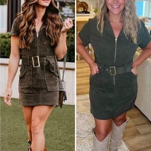 Women's Corduroy Mini Dress Short Sleeve Lapel Zip Up Belted Cowgirl Dresses